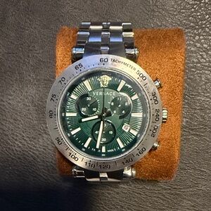 Versace Silver Stainless Steel Chronograph Watch with Green Dial